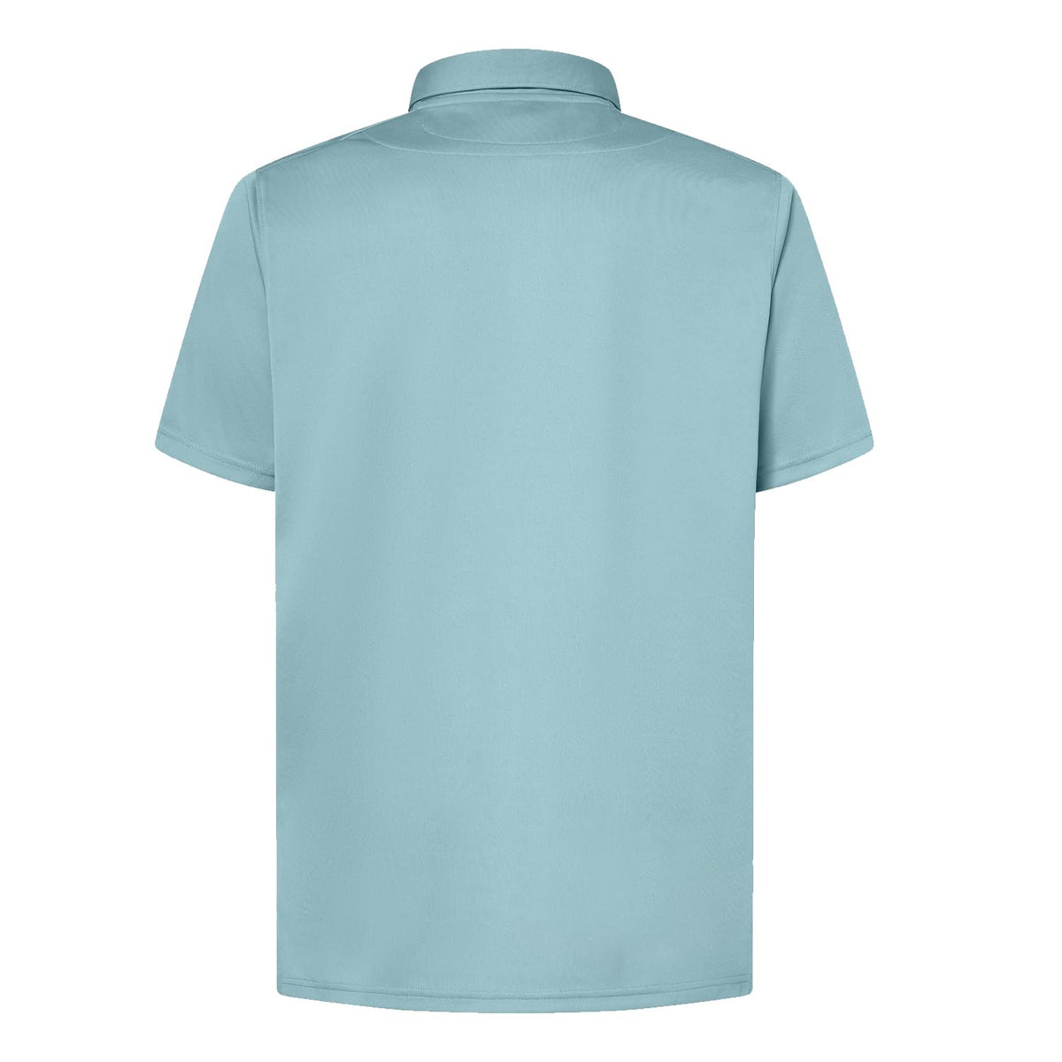 Men's light teal blue polo shirt, back view with short sleeves and collar