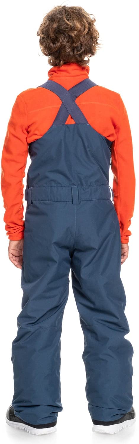 Boys' insulated snowboard bib overalls, orange hooded top with blue back straps