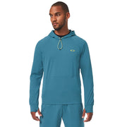 Men's teal hooded pullover with drawstring closure and small yellow chest logo