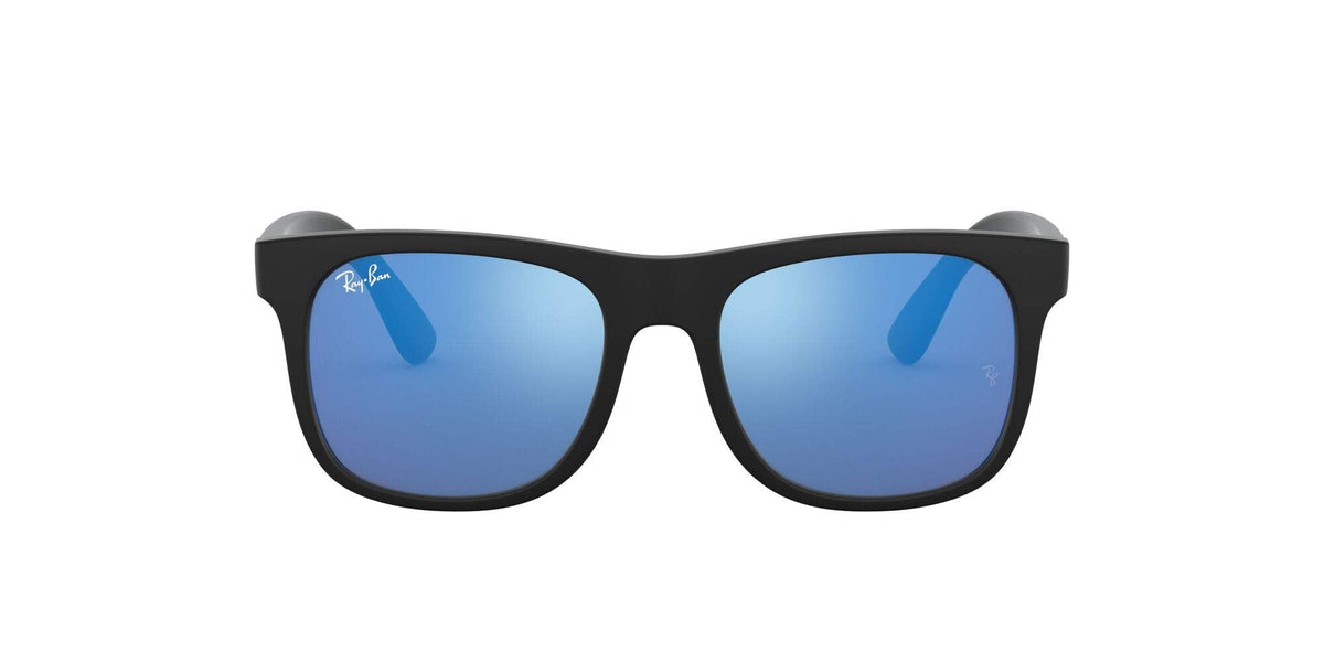 Ray-Ban Justin RJ9069S sunglasses, black frame with blue reflective lenses