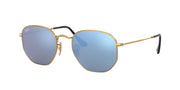 Ray-Ban hexagonal flat sunglasses, gold frame with blue mirrored lenses, side view