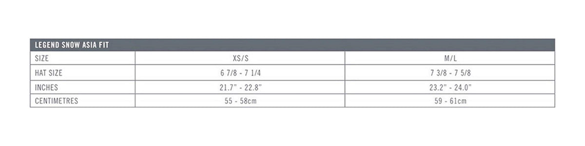 Legend Snow Asia Fit helmet size chart table for XS/S and M/L