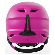 Kids snow helmet matte bright pink with rear vents, black adjustment details and chin strap