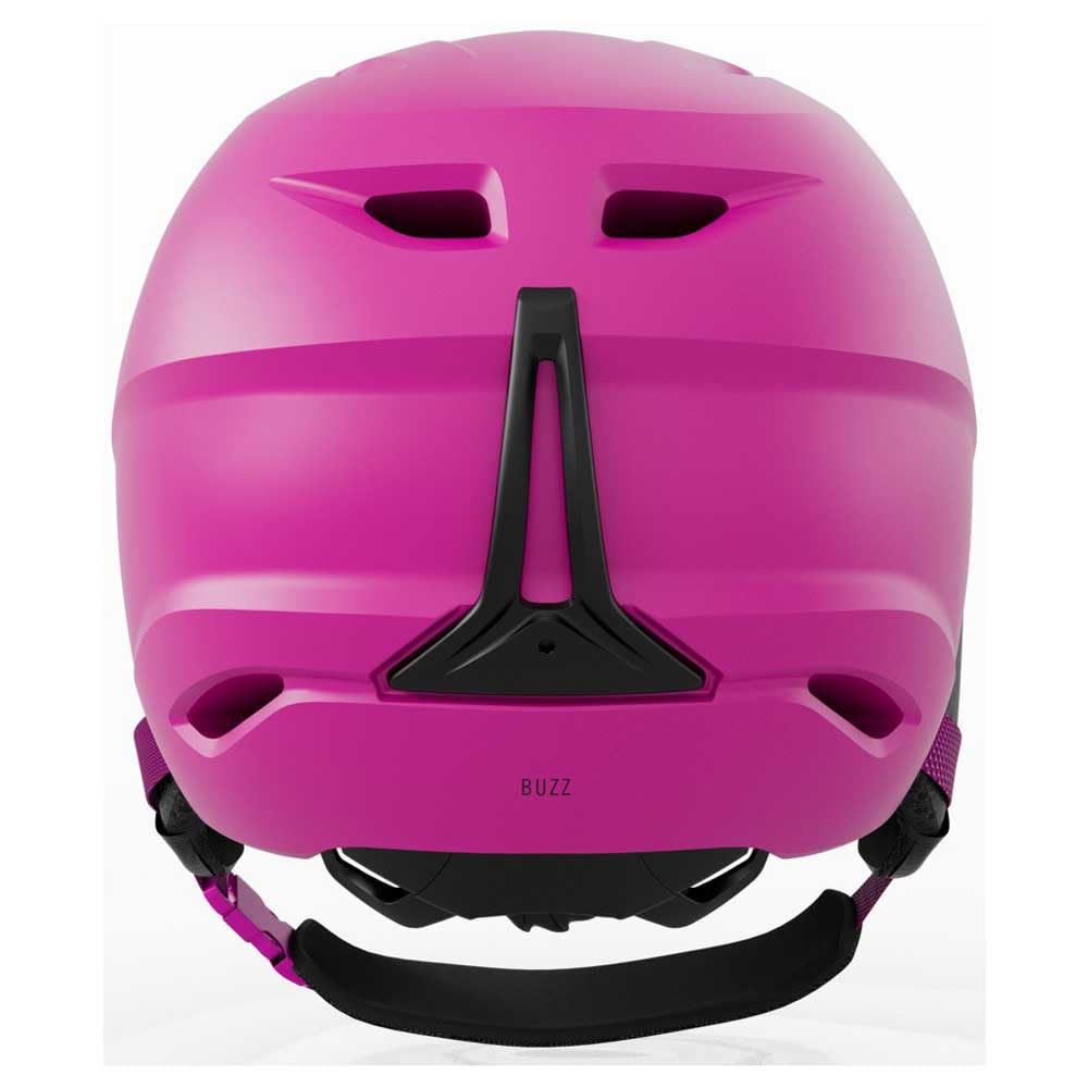 Kids snow helmet matte bright pink with rear vents, black adjustment details and chin strap
