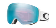 Oakley snow goggle with matte white frame and blue mirrored Prizm lens, front angle.
