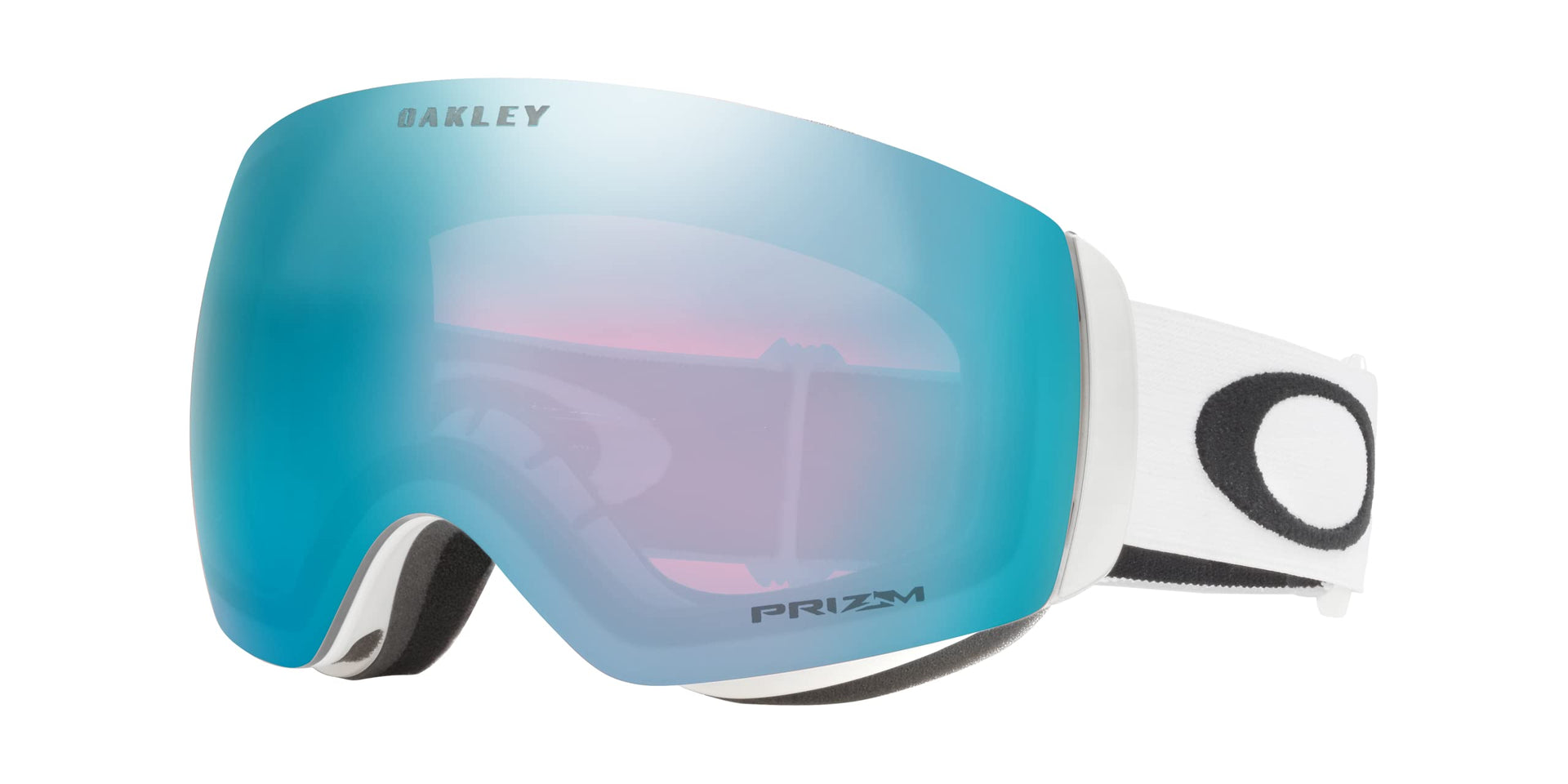 Oakley snow goggle with matte white frame and blue mirrored Prizm lens, front angle.