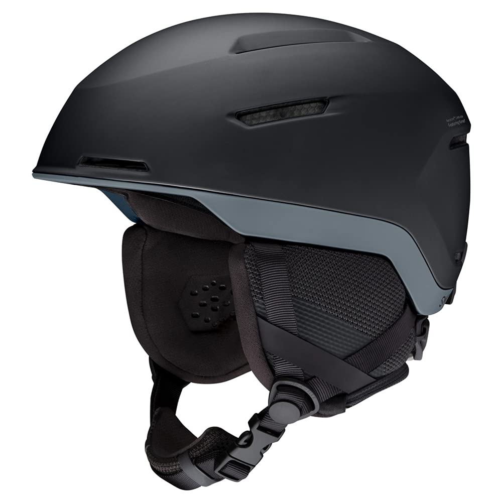 Black snow helmet with gray trim, vented top, and chin strap with ear pads.