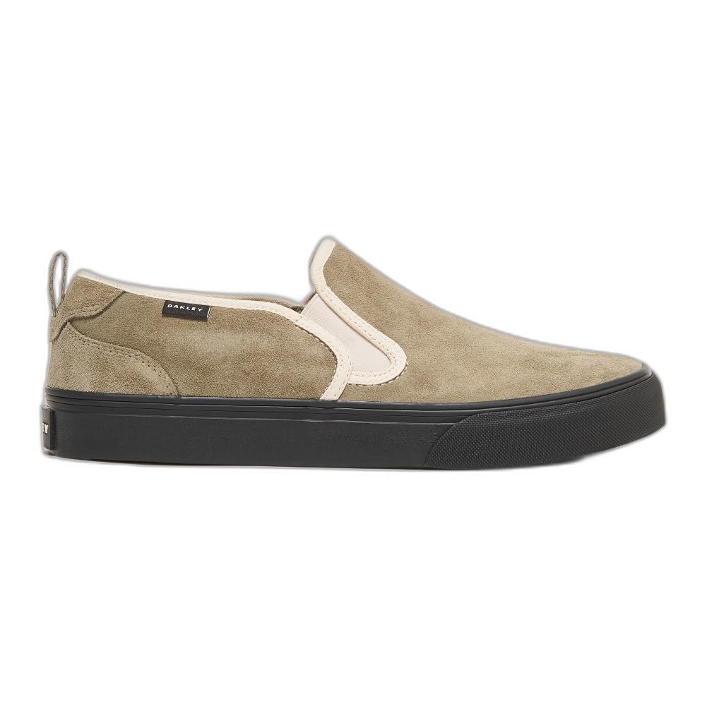 Suede slip-on sneaker in tan with white elastic collar and black rubber sole