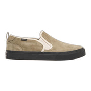 Suede slip-on sneaker in tan with white elastic collar and black rubber sole