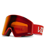 Red snow goggles with orange-tint lens and red fabric strap
