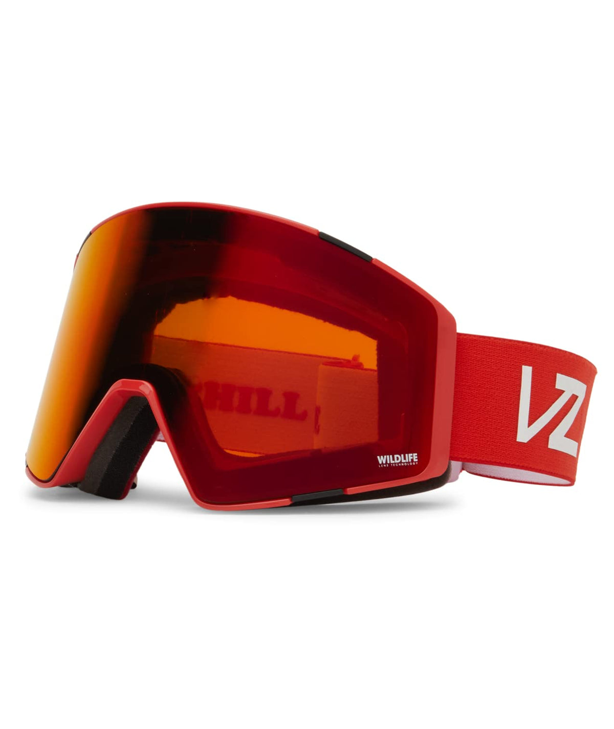 Red snow goggles with orange-tint lens and red fabric strap