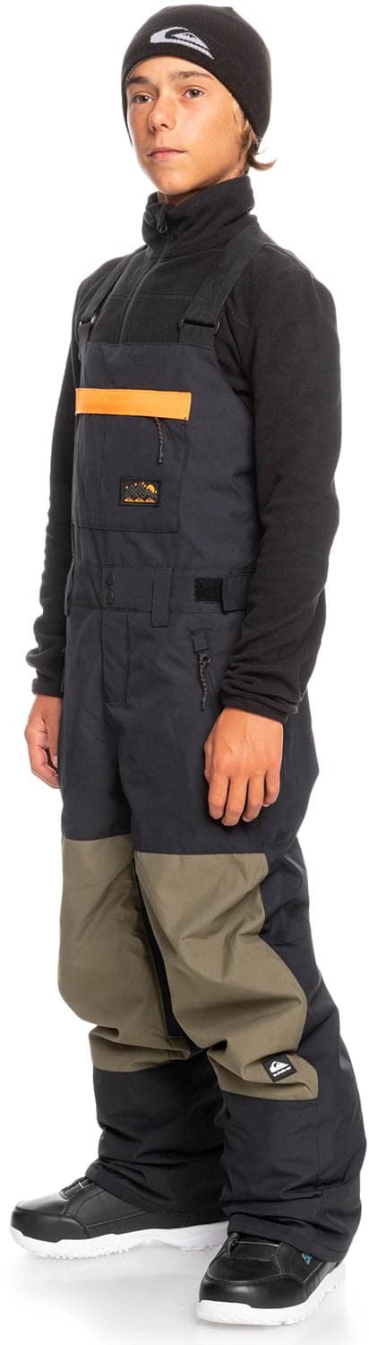 Boys' insulated snowboard bib overalls, dark navy bib with olive legs and orange stripe