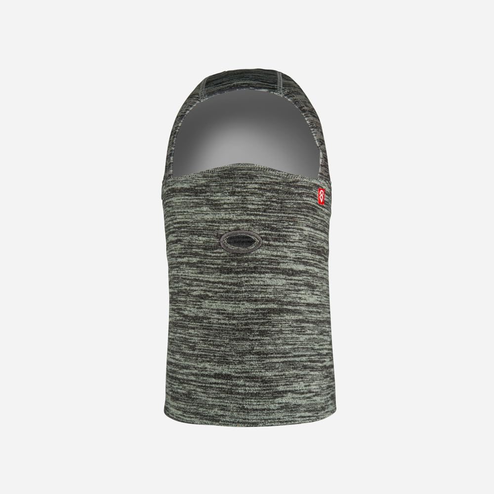 Heathered microfleece balaclava with hood, eye port, and small logo