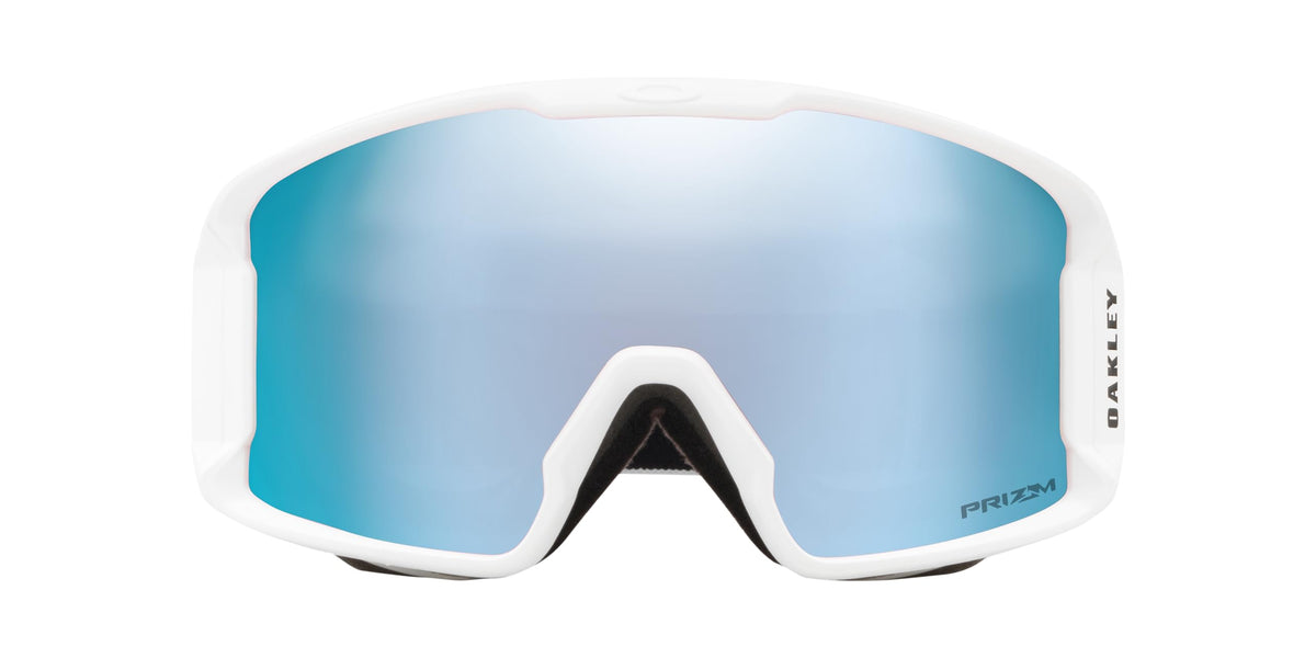 Oakley snow goggles with white frame and large blue mirrored lens