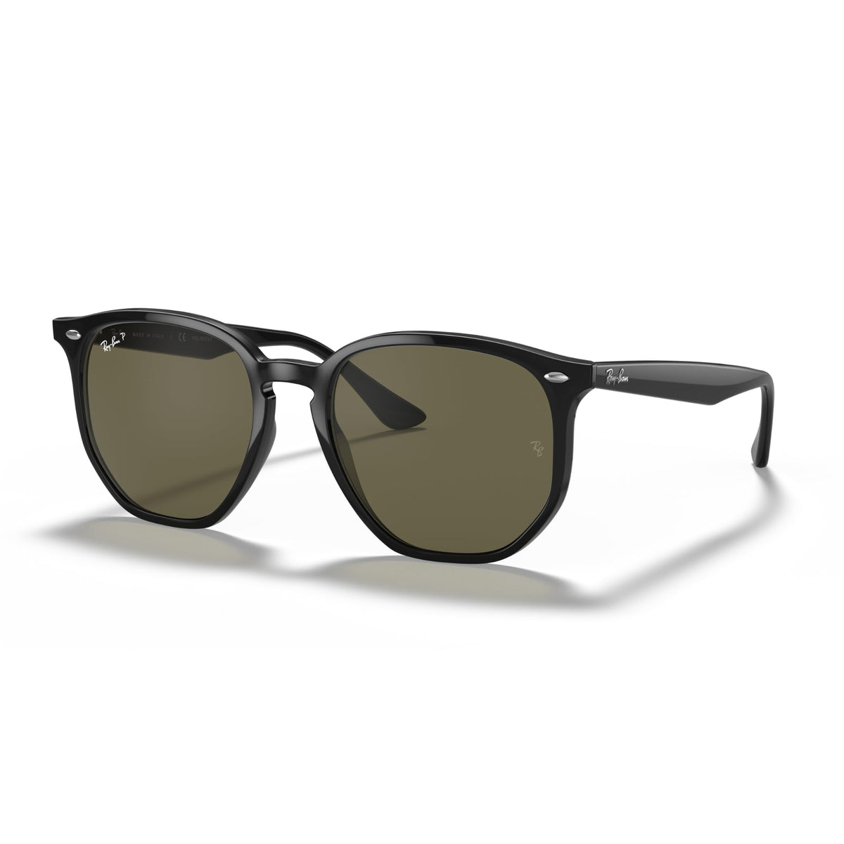Black hexagonal-frame sunglasses with dark green lenses