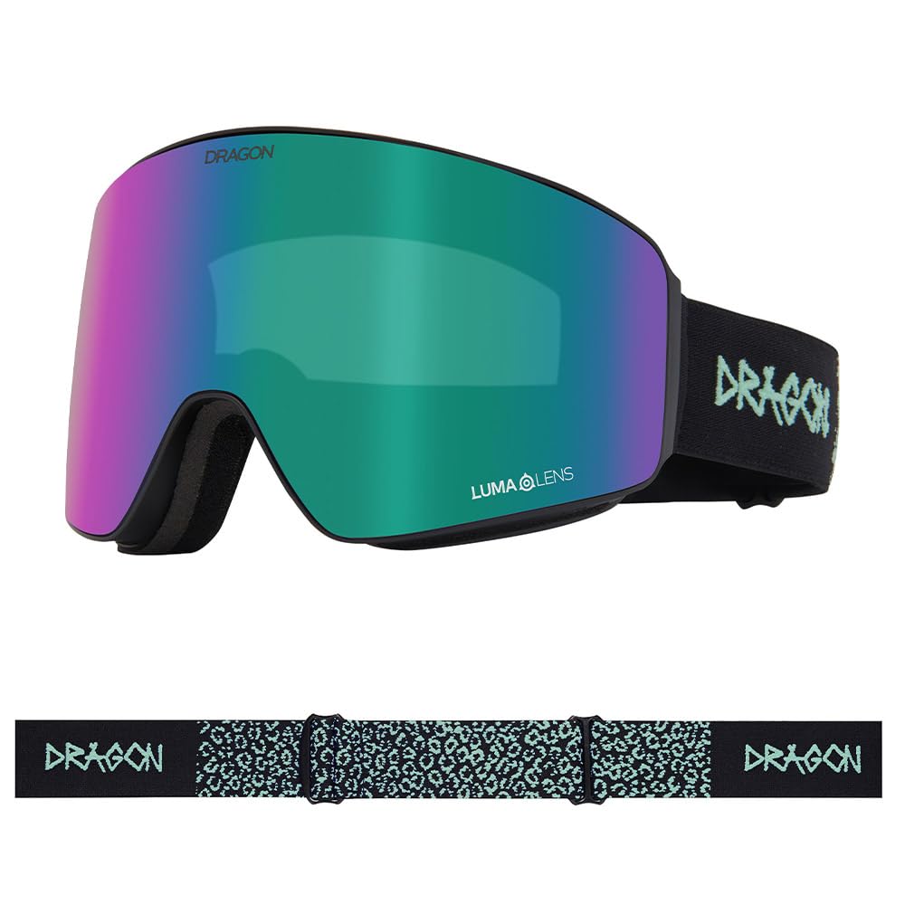 Snow goggles with teal mirrored lens and purple tint, black frame and Dragon logo