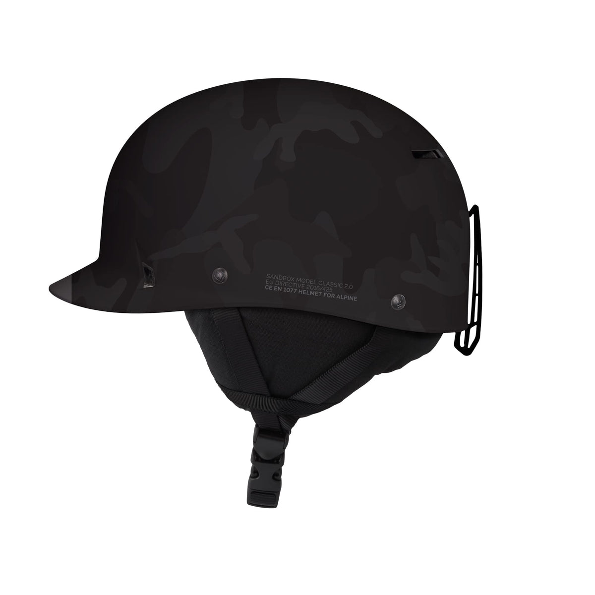 Black camo sport snow helmet with chin strap and side ventilation