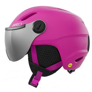Kids snow helmet matte bright pink with grey logo plate, black foam lining and chin strap