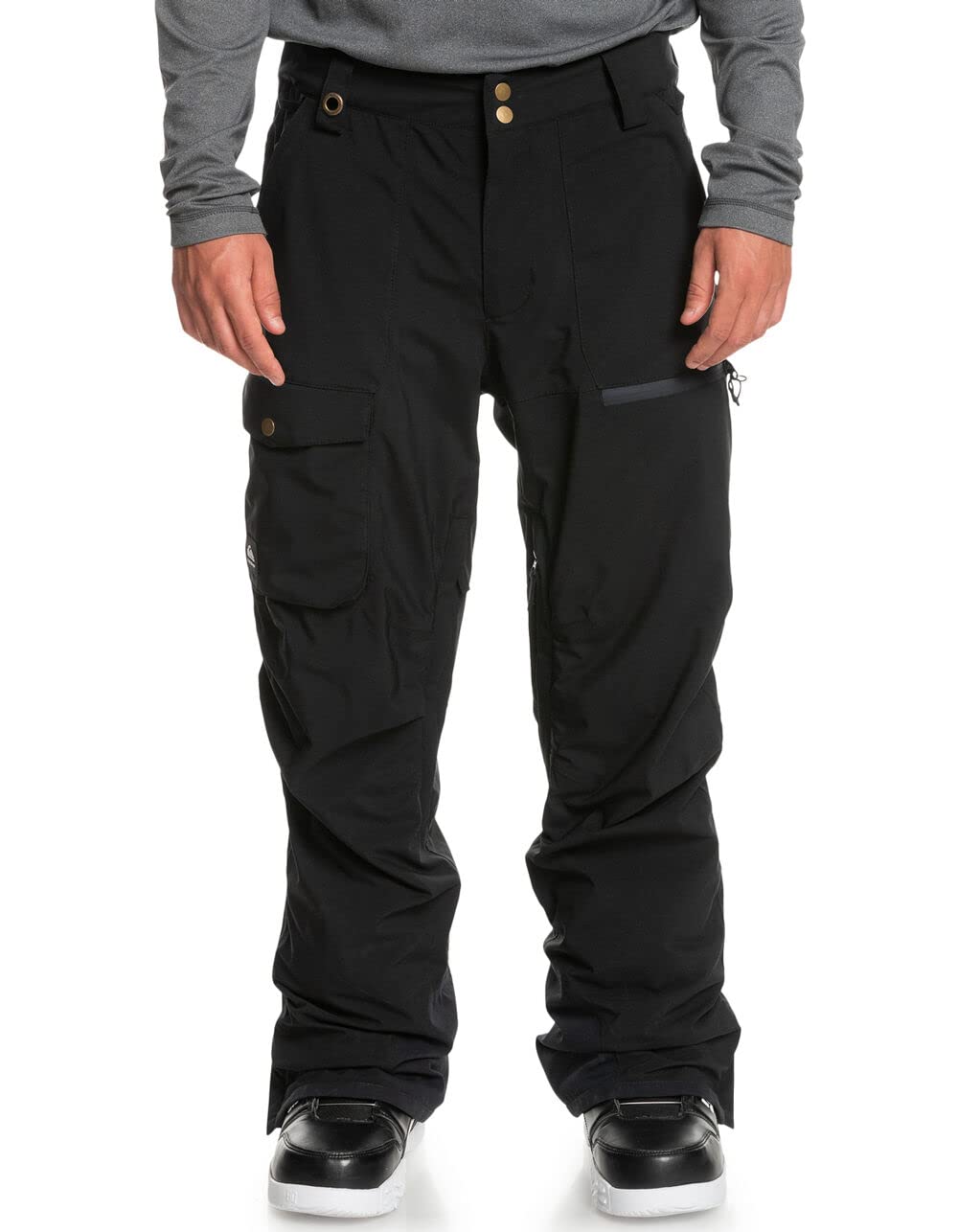 Men's black snowboard pants with cargo pockets and buttoned waist tabs