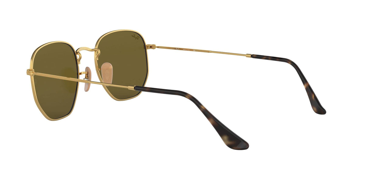 Ray-Ban hexagonal flat sunglasses with gold frame, olive-tinted lenses, tortoise temples