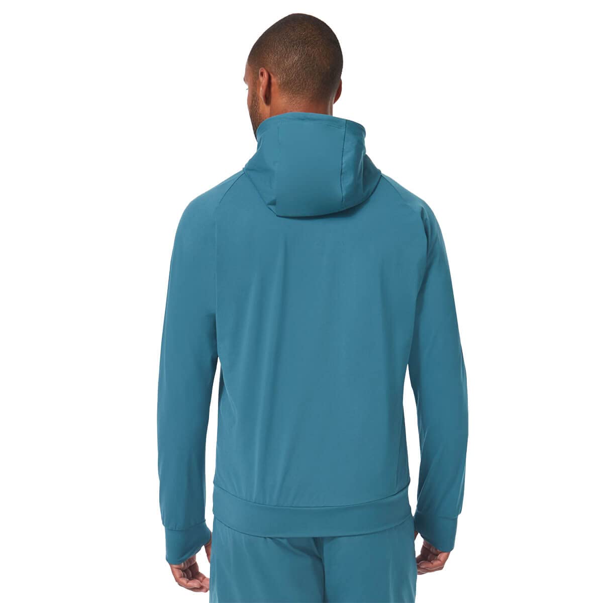 Men's teal hooded pullover with back hood and kangaroo pocket