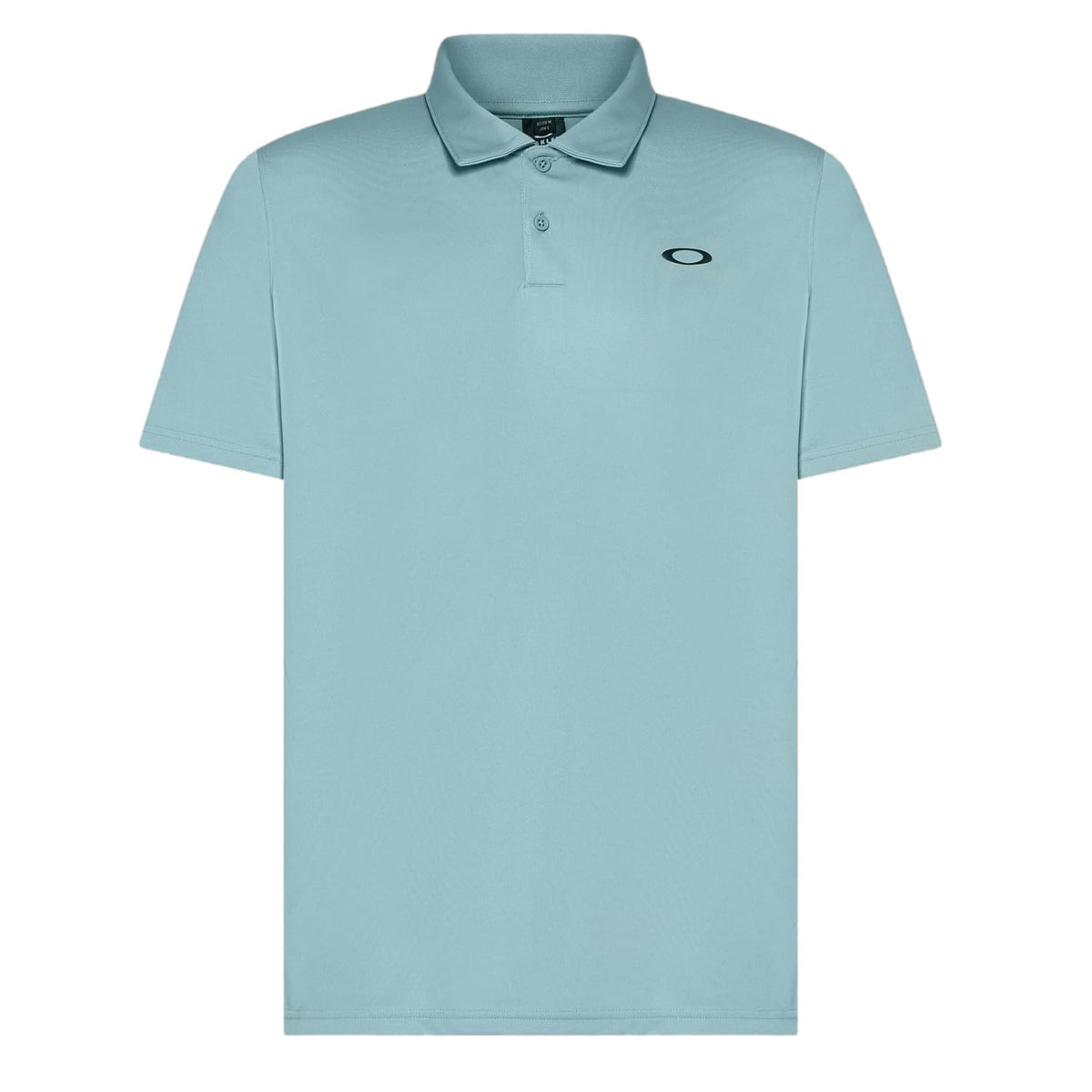 Men's recycled polo shirt in light teal blue with button placket and small Oakley logo