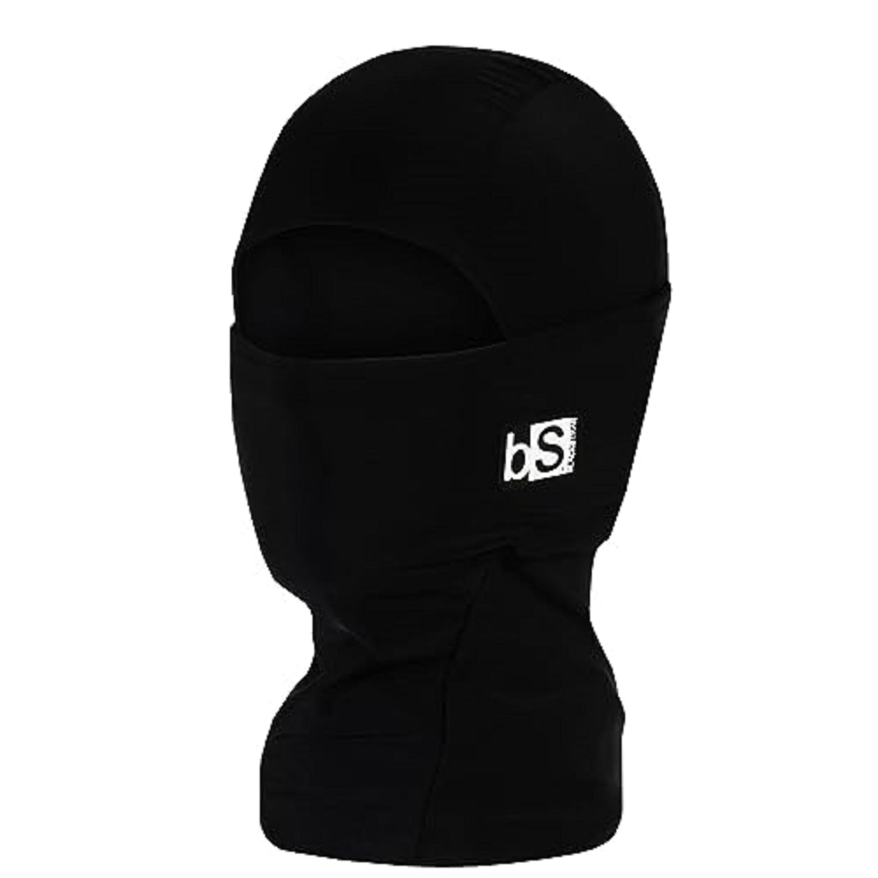 Black balaclava with face opening and bS logo patch, full coverage hood