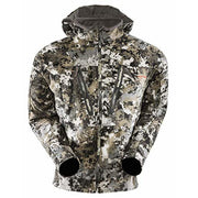 Men's camo zip-up hunting jacket with hooded collar and fleece lining