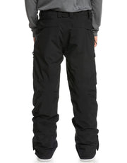 Men's black snowboard pants back view with cargo pockets and vented cuffs