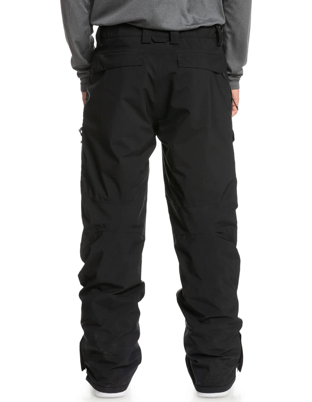 Men's black snowboard pants back view with cargo pockets and vented cuffs