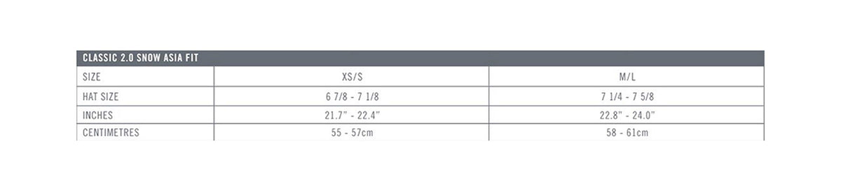 Classic 2.0 Asian fit snow helmet size chart table