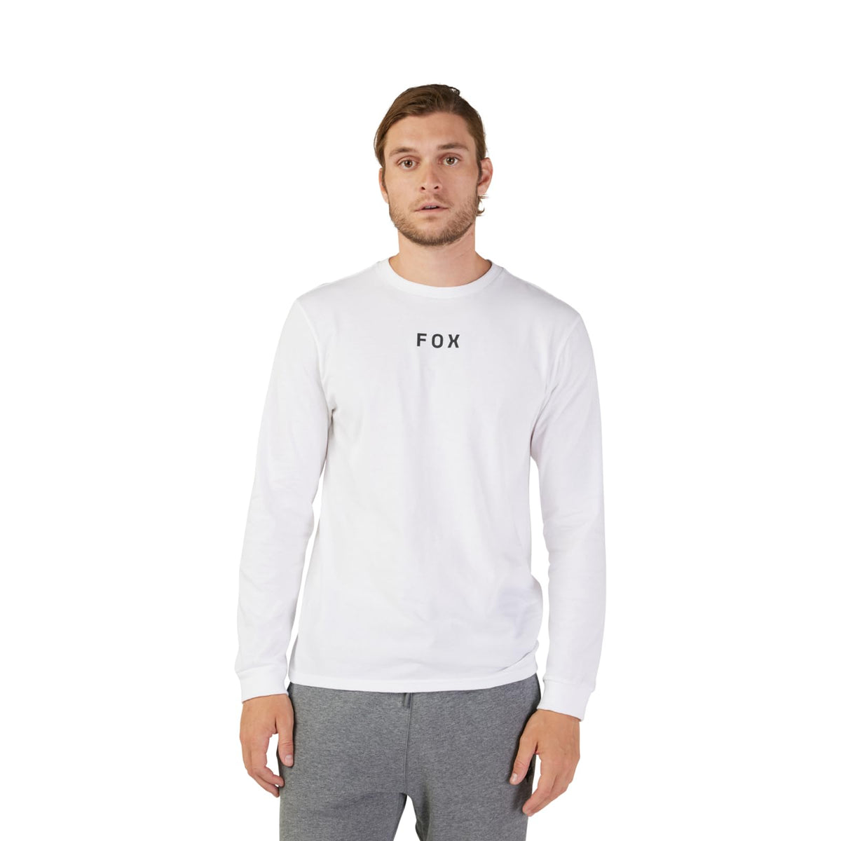 Men's Fox Racing long-sleeve prem tee, optic white crew neck, FOX chest logo