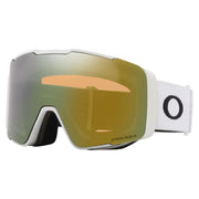 Snow goggles with white frame and gold Prizm mirrored lens, curved wrap shield
