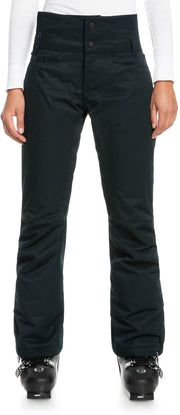 Women's black snow pants front view with zip fly and button front, wide straight legs