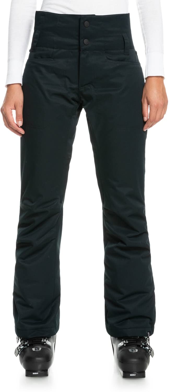 Women's black snow pants front view with zip fly and button front, wide straight legs