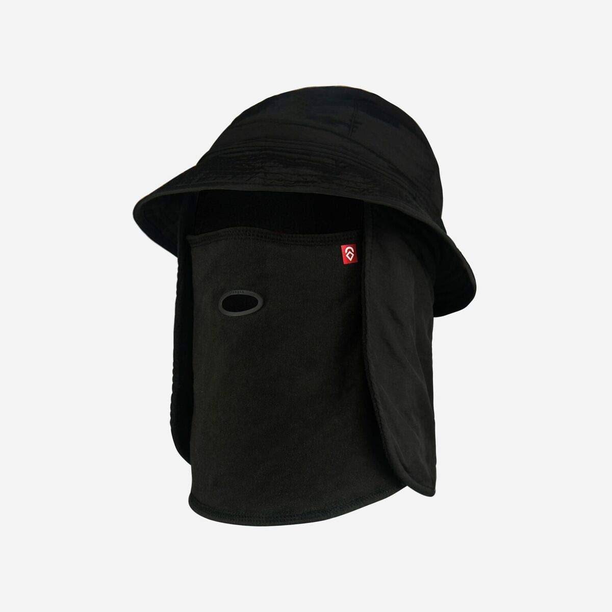 Black Airhole tech hat with wide brim and attached neck flap, front face opening