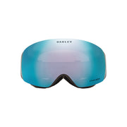 Oakley snow goggle with blue mirrored Prizm lens and black base, centered front view.