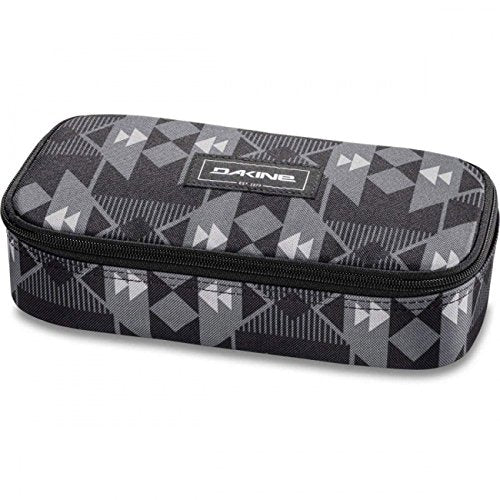 Dakine rectangular school case with zip top, dark gray geometric pattern.