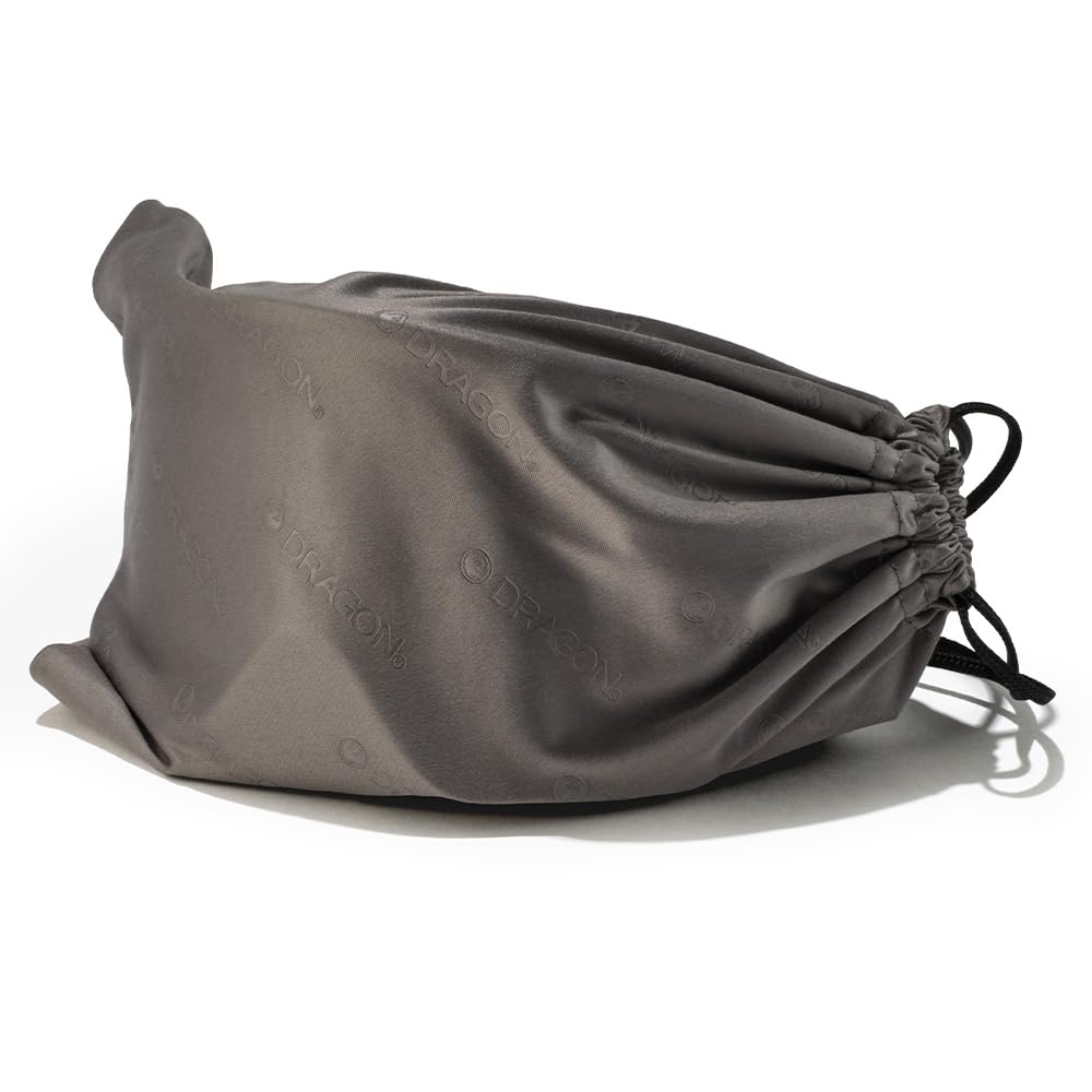 Gray drawstring goggle storage bag with DRAGON logo print