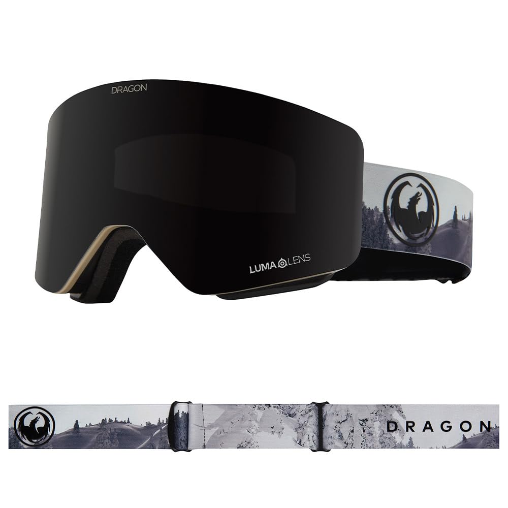Dragon R1 OTG sport snow goggles with black lens and gray mountain patterned strap