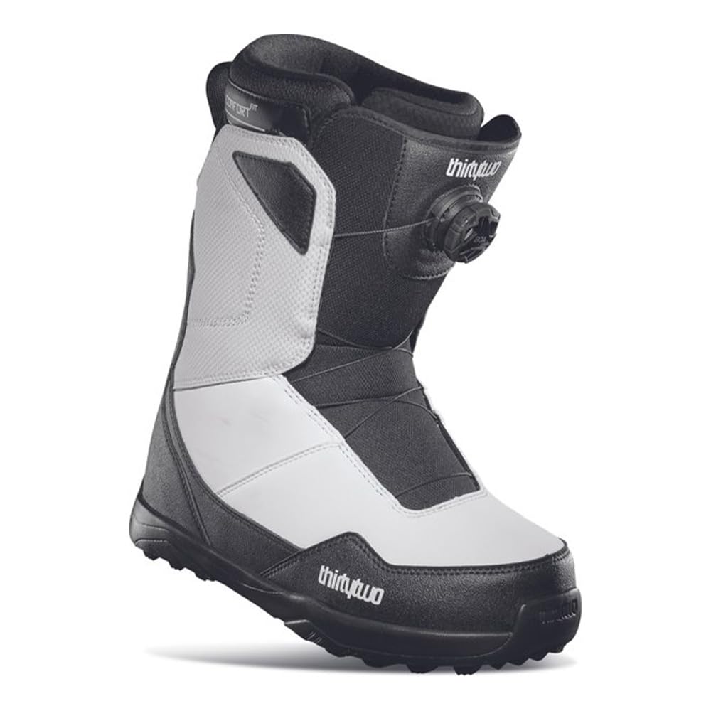 Men's white and black snowboard BOA boots with dial closure and padded cuff