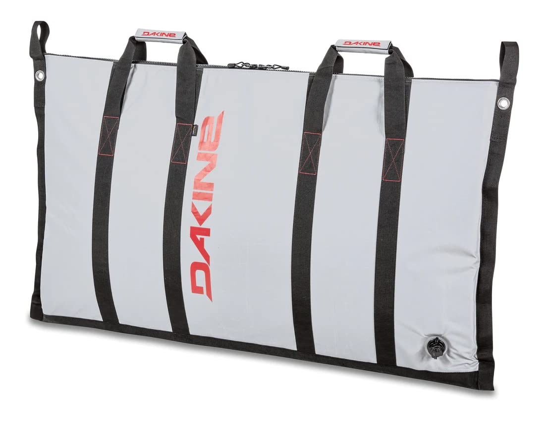 Dakine flat fish bag with white body, red logo and black carry straps, top handles