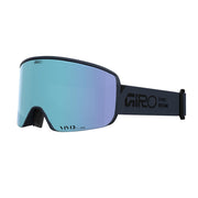 Snow goggles with blue mirrored lens and black frame, vented side