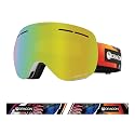 Snow goggles with rainbow mirrored lens and black strap with logo patch
