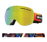 Black-and-orange strap snow goggles with multicolor reflective lens
