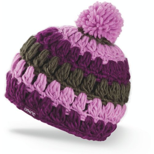 Women's striped knit beanie with large pom-pom, mulberry and dark olive tones