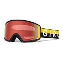 Snow goggles with red mirrored lens, black frame, and yellow strap