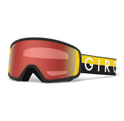 Snow goggles with red mirrored lens, black frame, and yellow Giro strap
