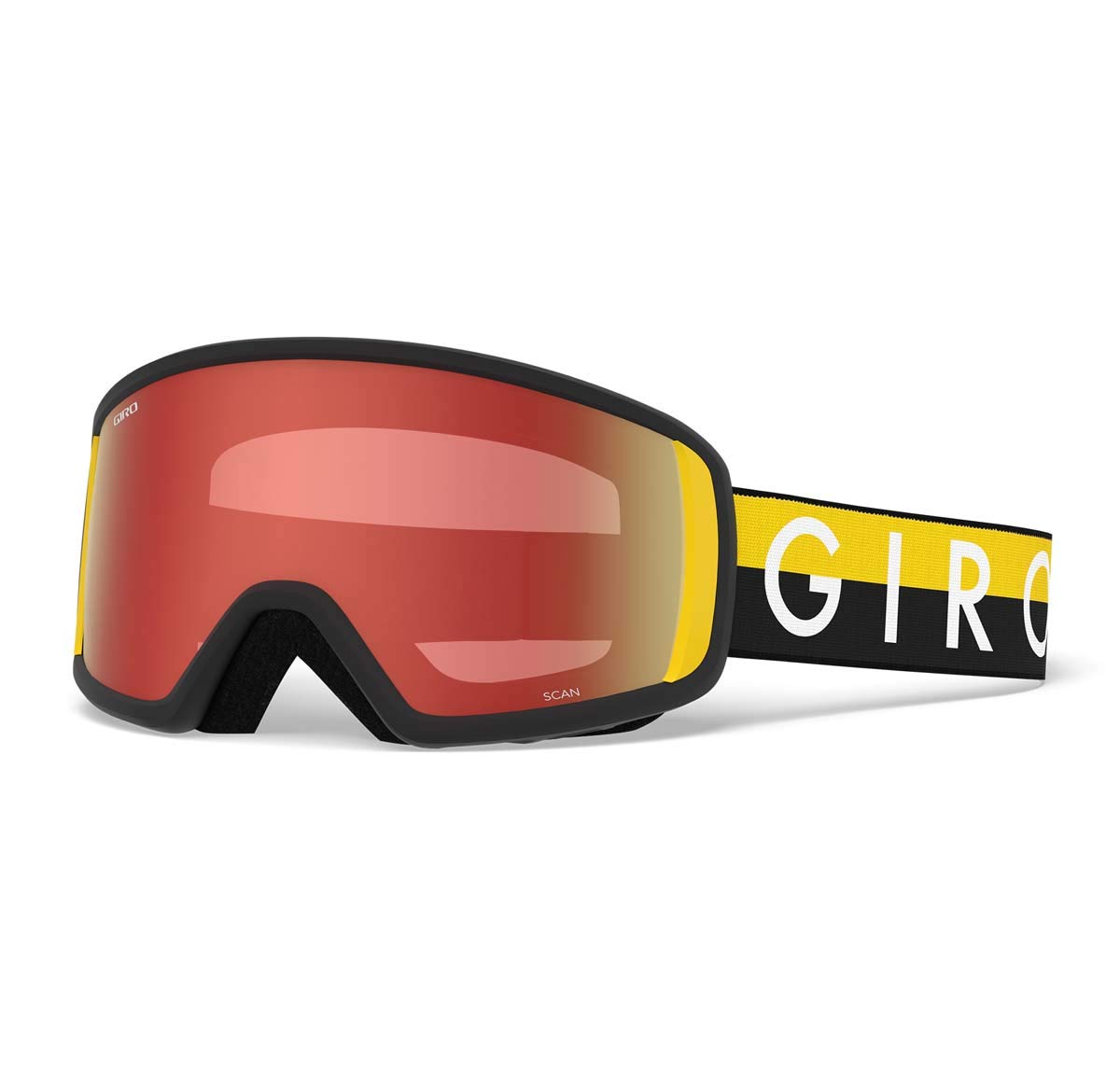 Snow goggles with red mirrored lens, black frame, and yellow Giro strap