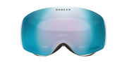 Oakley snow goggle with white frame and blue mirrored Prizm lens, centered front view.